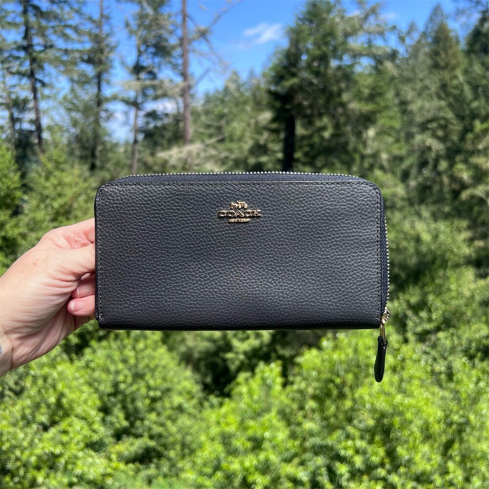 COACH Long Zip-Around Wallet Navy Blue Pebble Leather w Gold Hardware AUTHENTIC - Picture 1 of 10